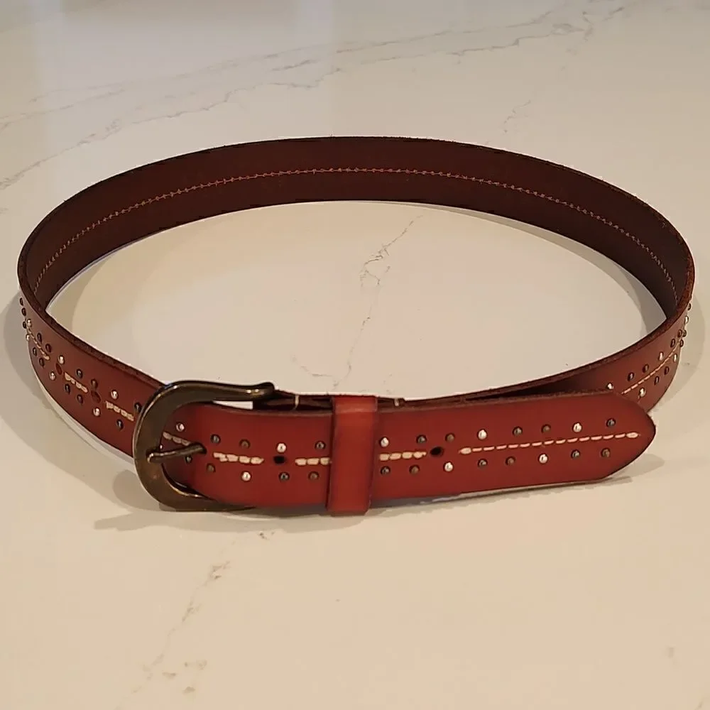 Brown Leather Tri-Metal Studded Belt Brass Buckle